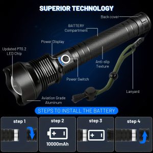 P70 Rechargeable High Lumens LED Flashlights, XHP90.2 Super Bright Flashlights With 3 Modes Zoomable Tactical Flashlight For Emergencies, Camping, Hiking, Fishing, Garden, Security, Road, Garage Lighting