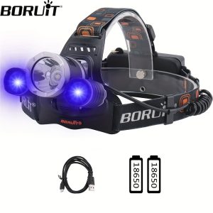 BORUIT rj-3000 LED Purple Light Headlamp Type-C Rechargeable Headlight Super Bright 3 Modes Waterproof Head Torch Outdoor Fishing Camping Lantern